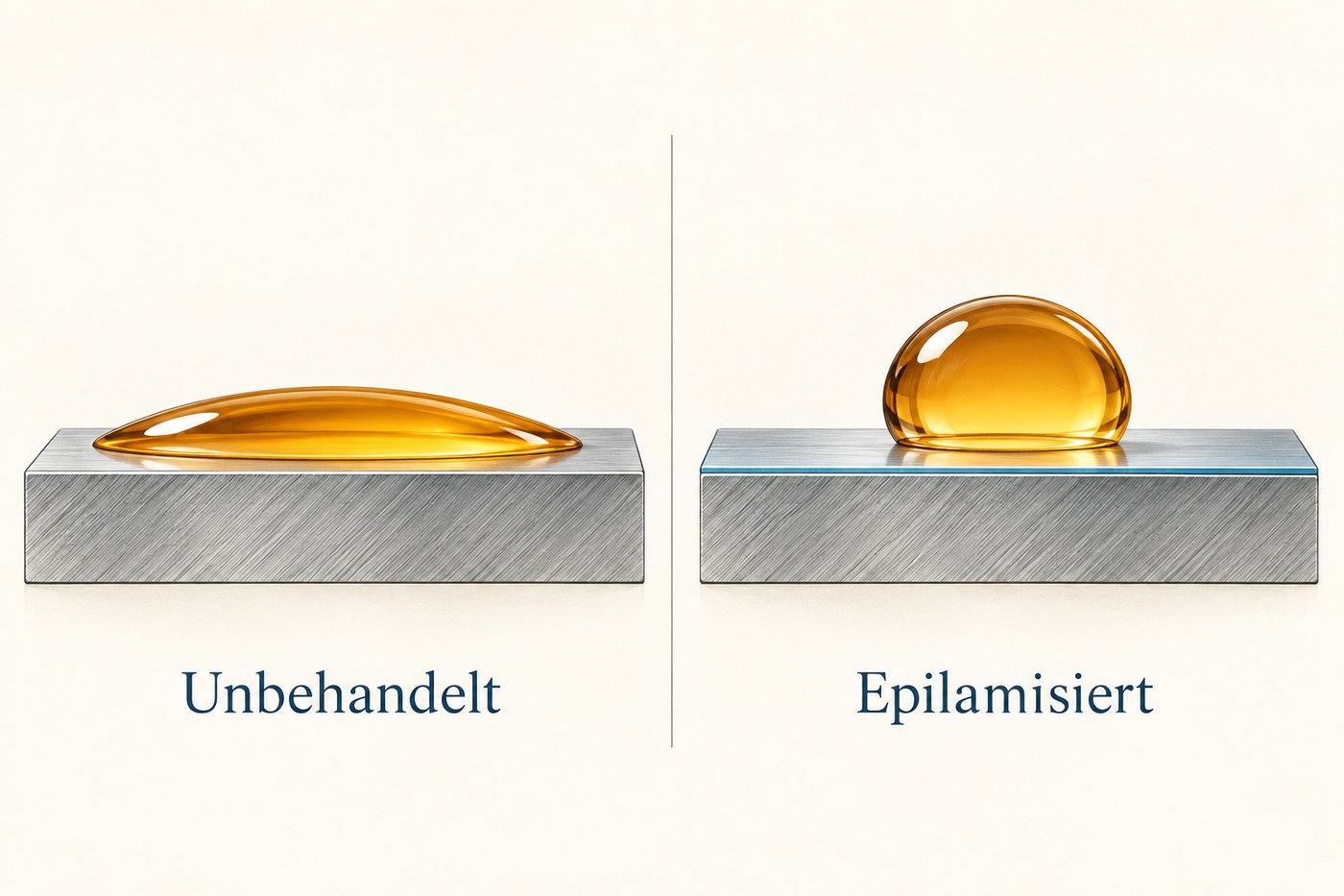 Comparison: on the left, an oil drop spread over an untreated surface; on the right, a compact drop on an epilame-treated surface