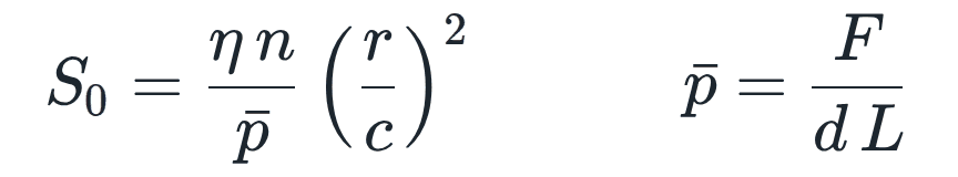 S₀ = (η · n / p̄) · (r/c)² with p̄ = F / (d · L)